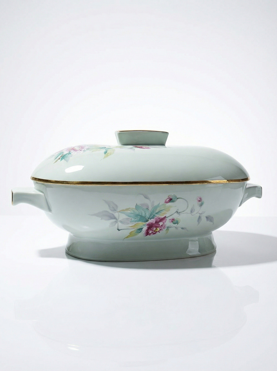 Soupière style art déco décor floral porcelaine Céladon vintage Limoges France