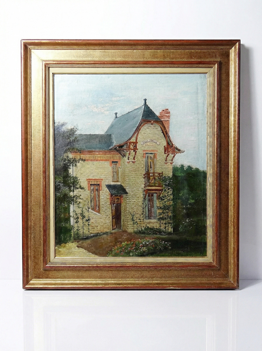 Grand tableau "Villa Camille" ancien années 40-60 huile sur toile signé M.Lesoll