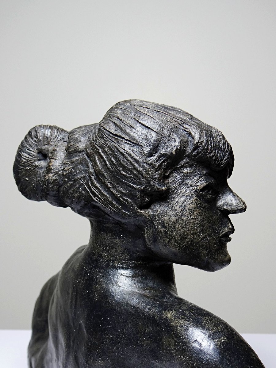 20th-century Ceramic Bust Of A Woman, Signed Handcrafted Work Of Art-photo-2