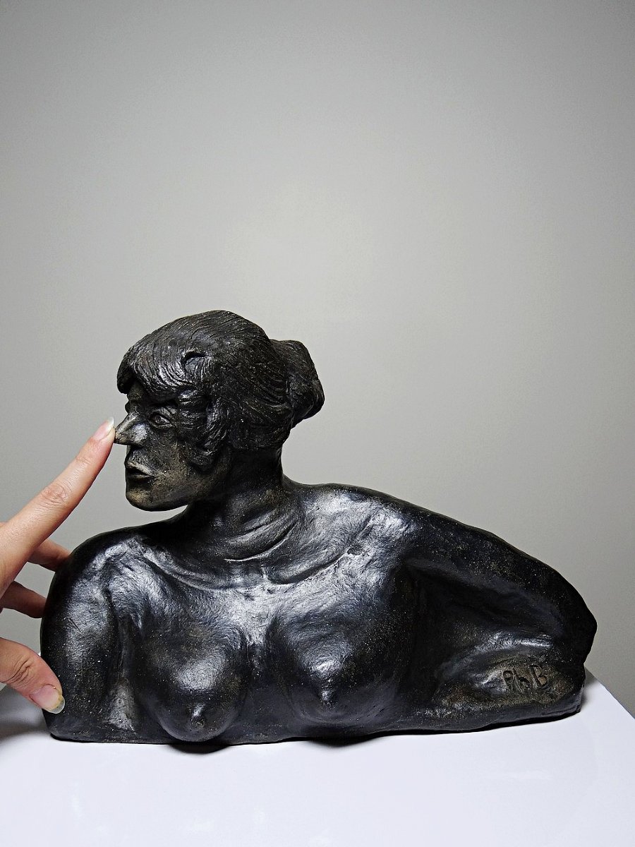 20th-century Ceramic Bust Of A Woman, Signed Handcrafted Work Of Art-photo-3