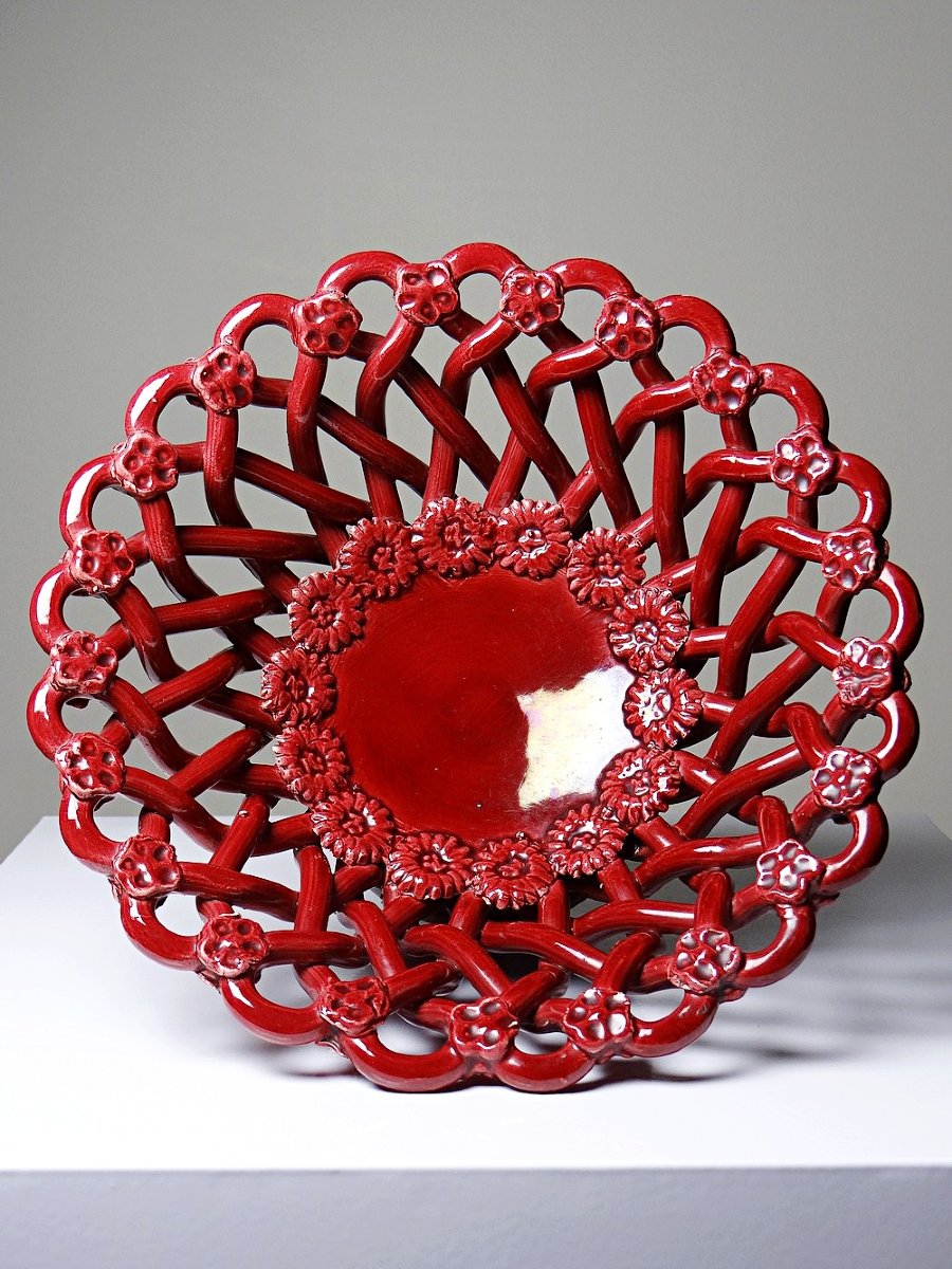 Small Vintage 1970s-90s Pichon Uzès Openwork Red Braided Ceramic Bowl-photo-2