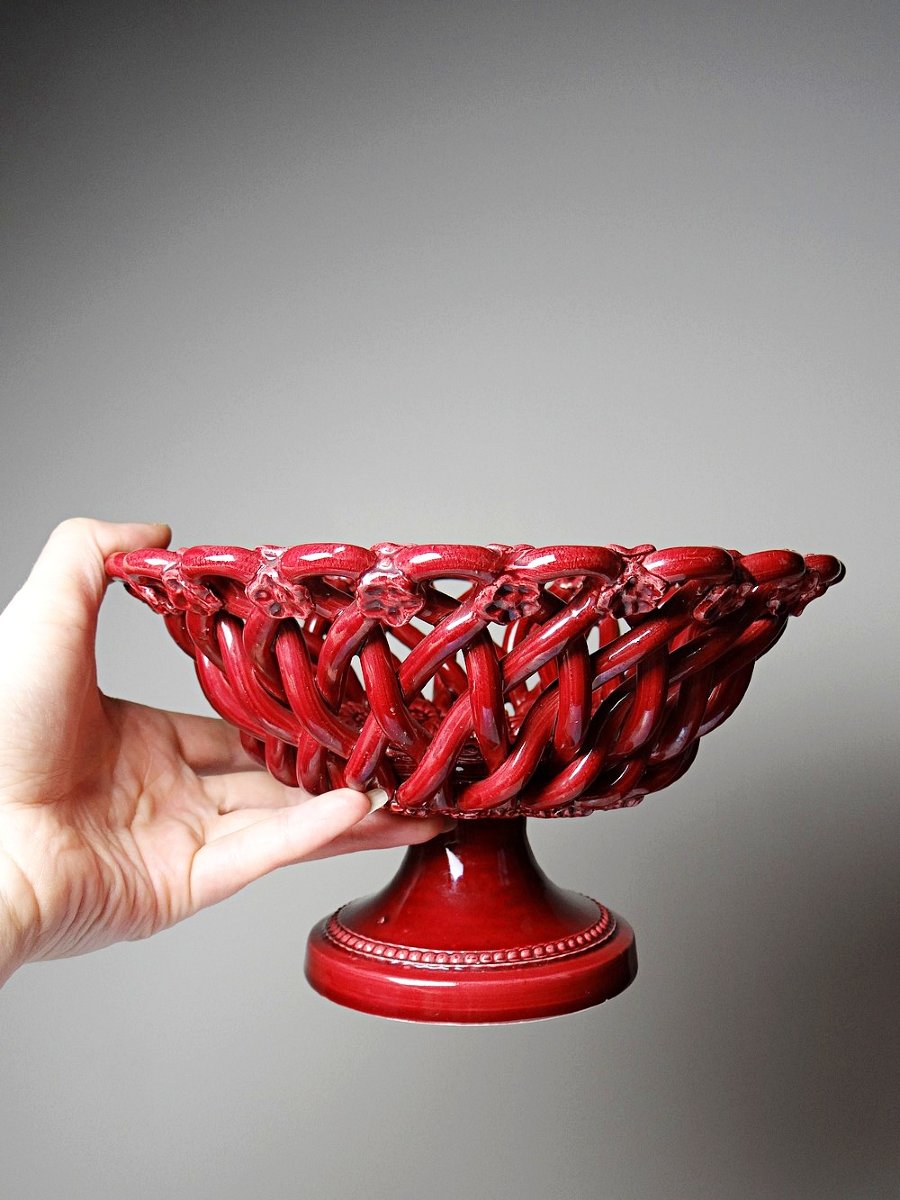 Small Vintage 1970s-90s Pichon Uzès Openwork Red Braided Ceramic Bowl-photo-3