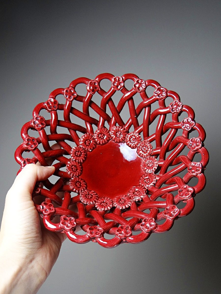 Small Vintage 1970s-90s Pichon Uzès Openwork Red Braided Ceramic Bowl-photo-4