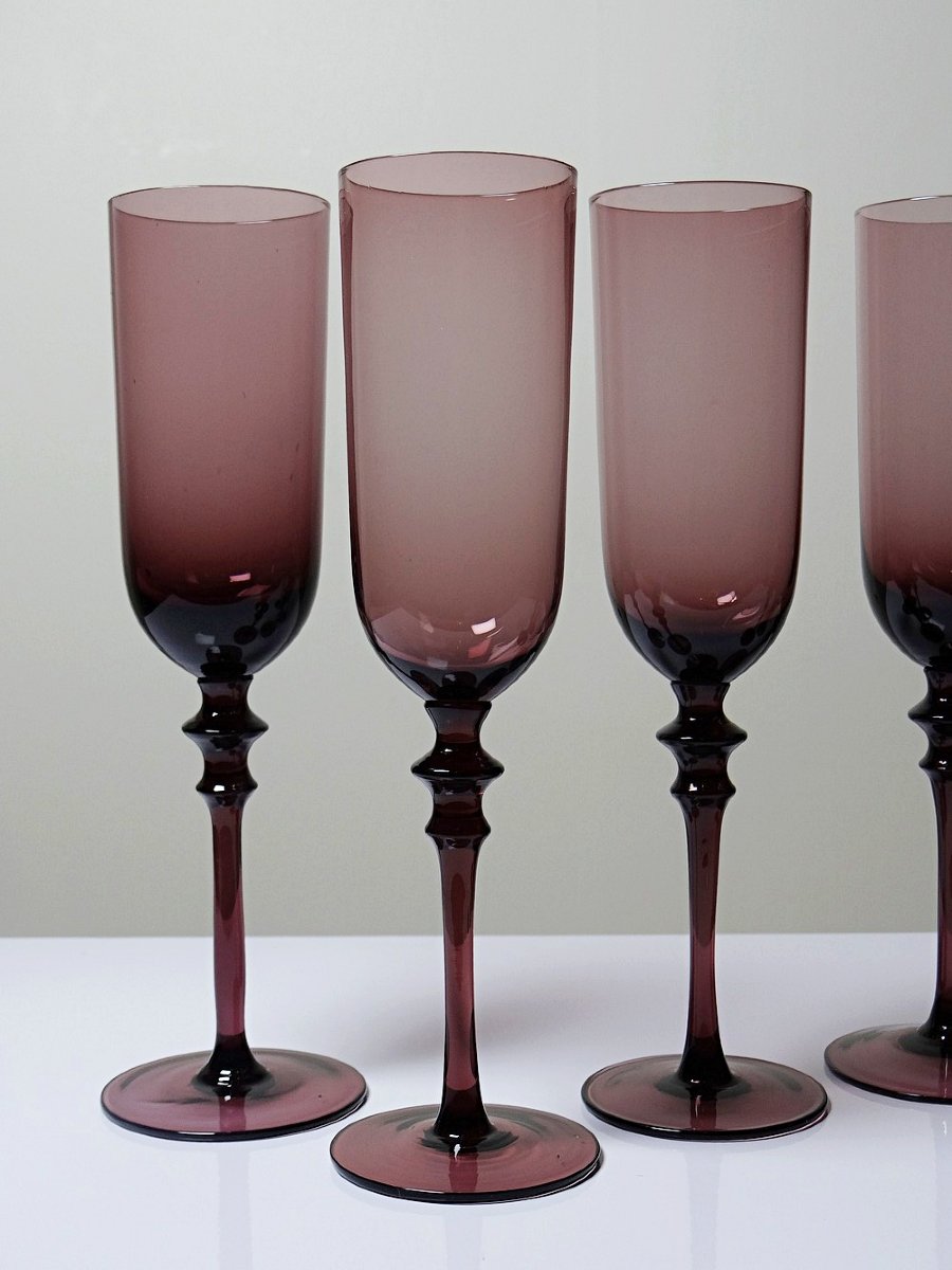 Set Of 6 Large Vintage 70s-80s Champagne Flutes, Violet Blown Glass-photo-2