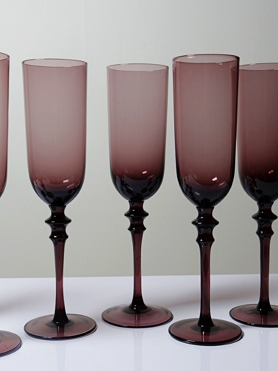 Set Of 6 Large Vintage 70s-80s Champagne Flutes, Violet Blown Glass-photo-3