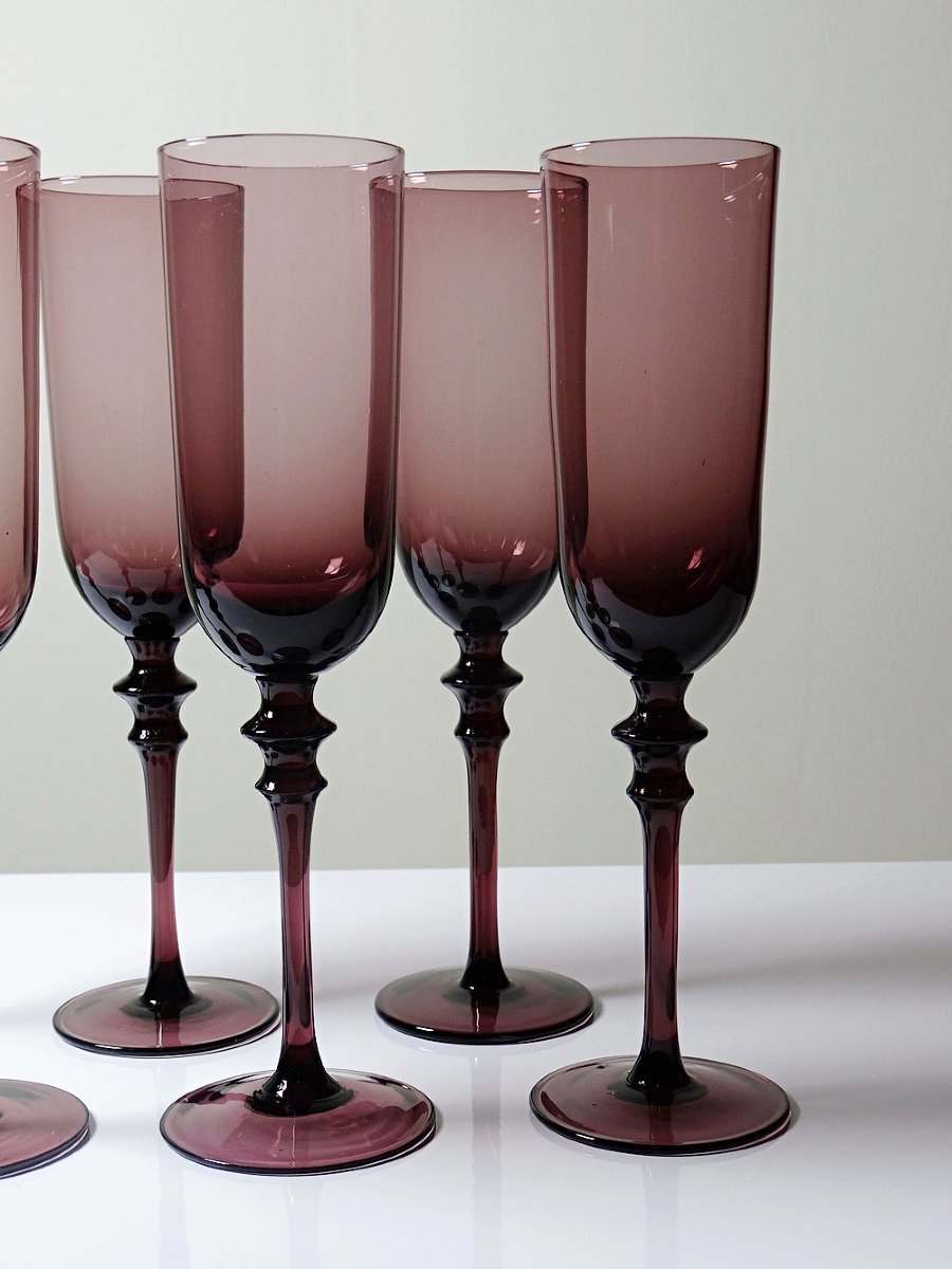 Set Of 6 Large Vintage 70s-80s Champagne Flutes, Violet Blown Glass-photo-3