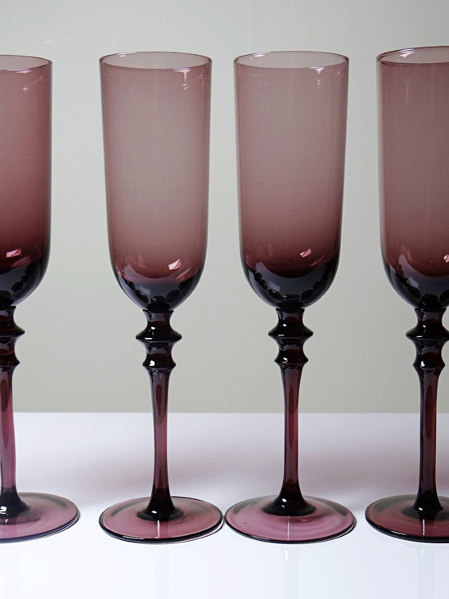 Set Of 6 Large Vintage 70s-80s Champagne Flutes, Violet Blown Glass-photo-7