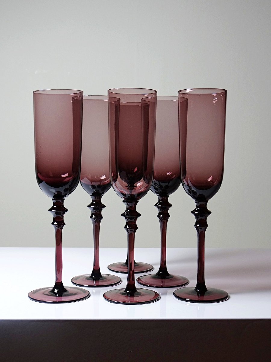 Set Of 6 Large Vintage 70s-80s Champagne Flutes, Violet Blown Glass-photo-8