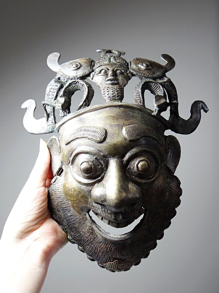 Masque mural Africain en Bronze a la cire perdue vintage Bamoun, Cameroun années 60-80 -photo-2