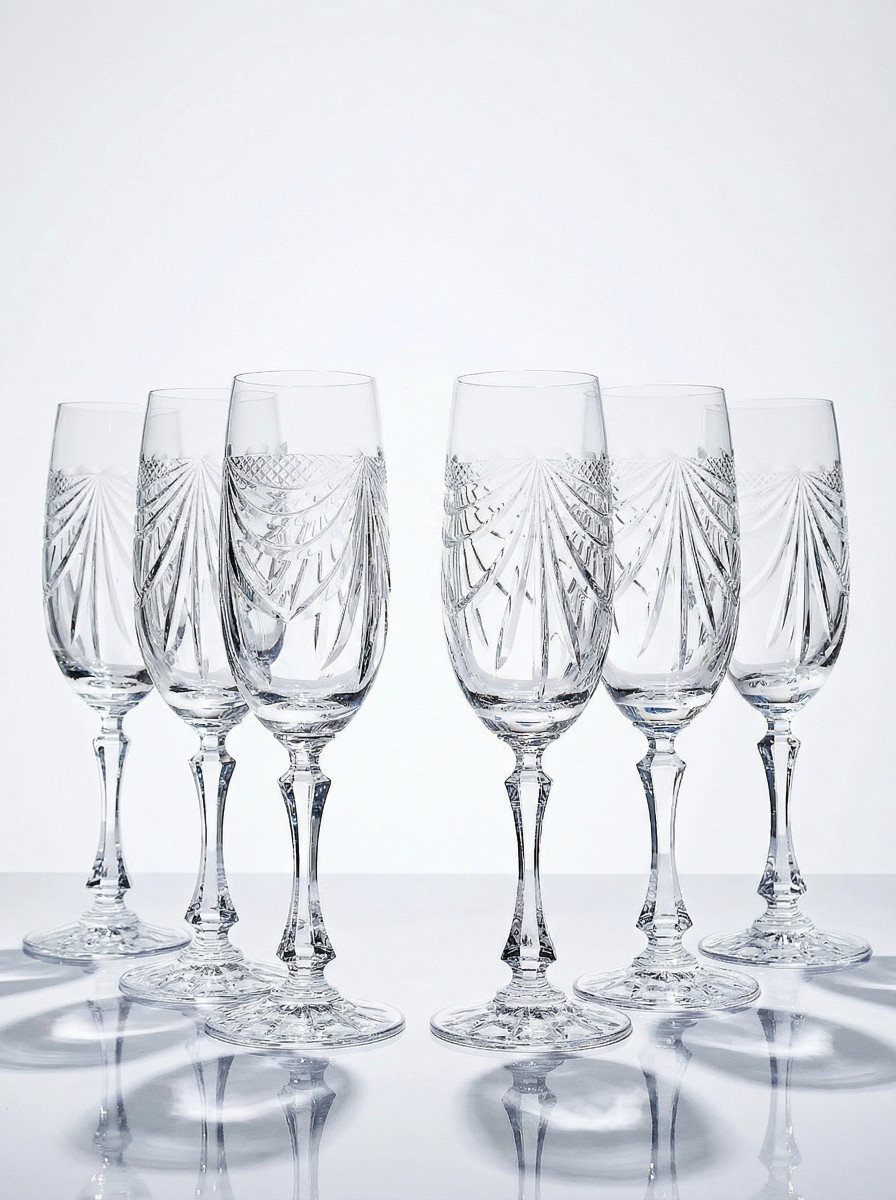 Set Of 6 Vintage Hand-cut Lorraine Crystal Champagne Flutes From The 1950s-1970s