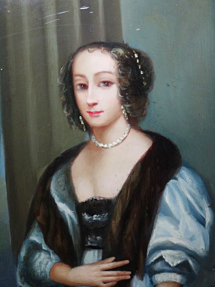 Large Elegant Medallion Portrait, Oil On Convex Venetian Wood, 1960s-70s-photo-2