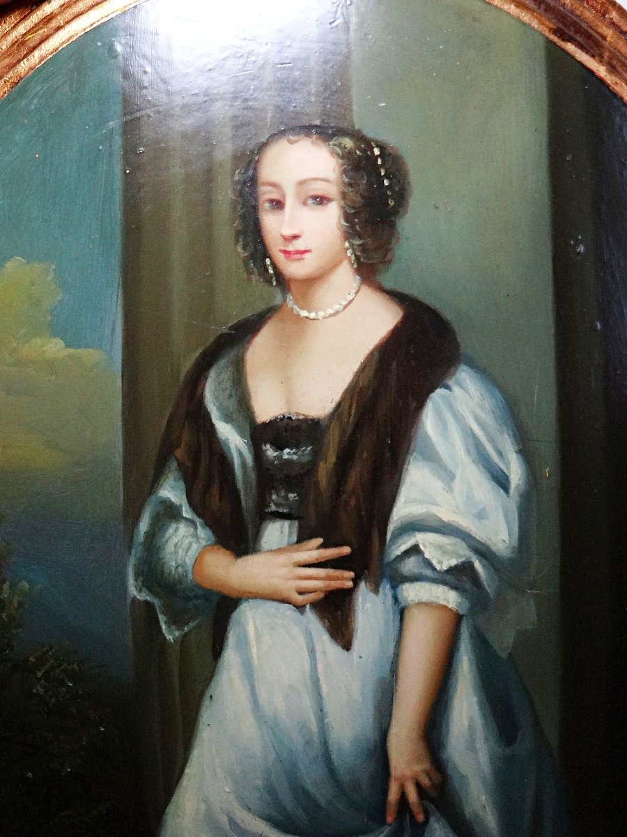 Large Elegant Medallion Portrait, Oil On Convex Venetian Wood, 1960s-70s-photo-4