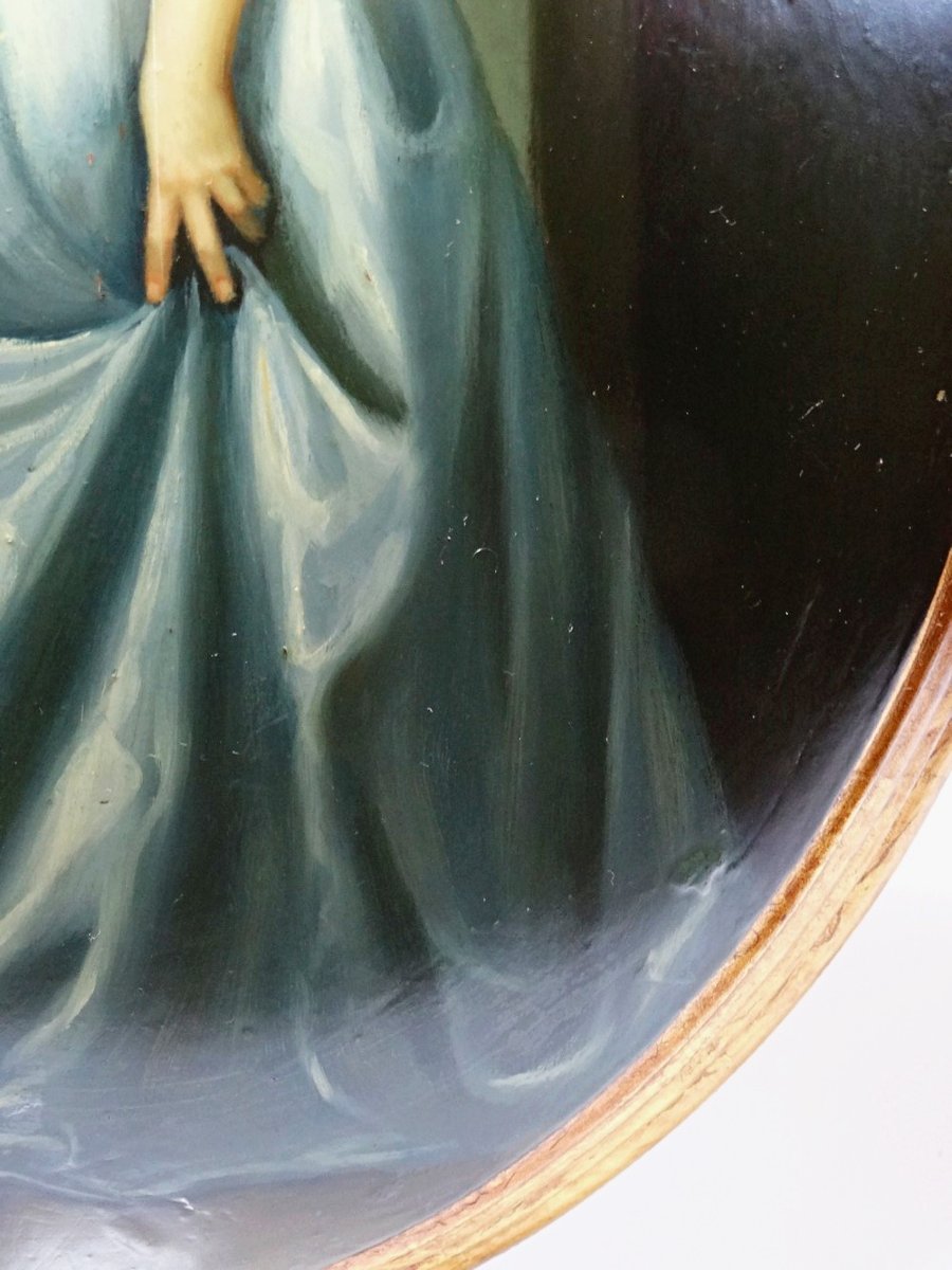Large Elegant Medallion Portrait, Oil On Convex Venetian Wood, 1960s-70s-photo-2