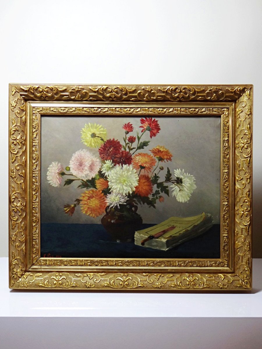 Tableau huile sur toile, nature morte aux chrysanthèmes, signé L.Porte 1888-photo-2