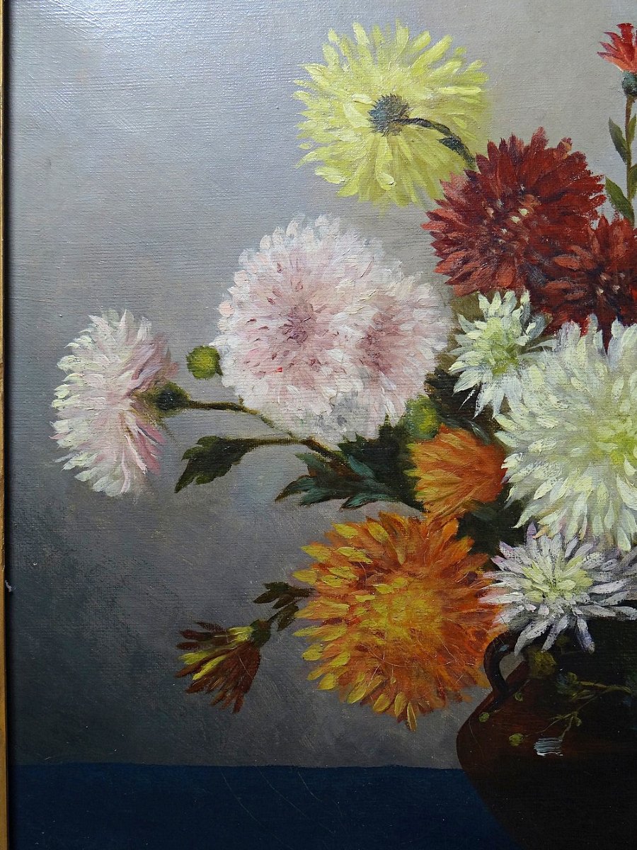 Tableau huile sur toile, nature morte aux chrysanthèmes, signé L.Porte 1888-photo-2