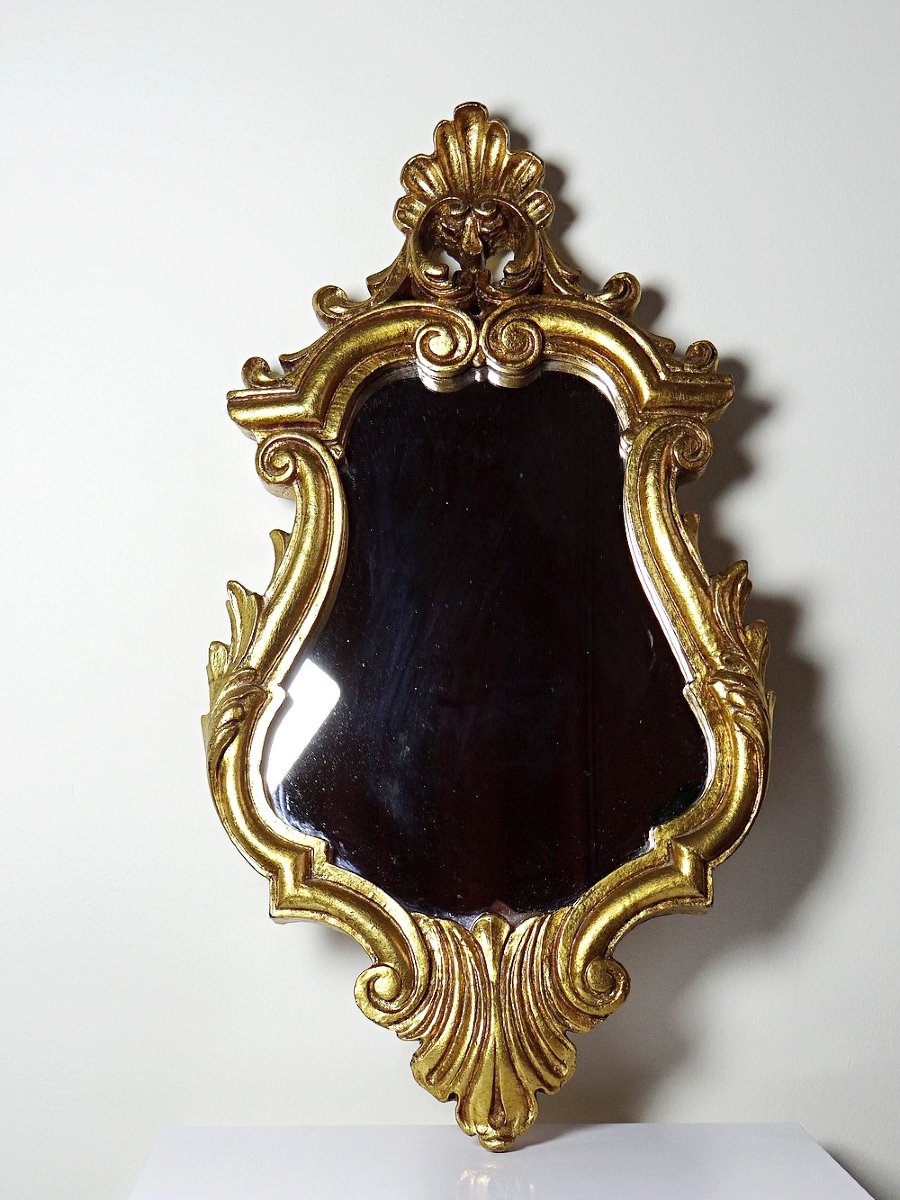Vintage Rococo Gilt Wall Mirror, Italy, Circa 1950-1970, Wood And Gilt Stucco-photo-2