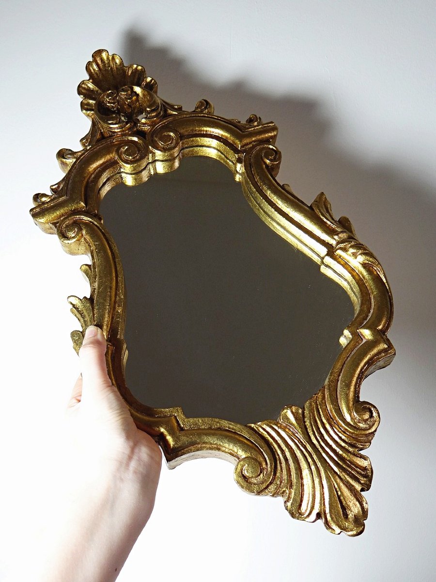Vintage Rococo Gilt Wall Mirror, Italy, Circa 1950-1970, Wood And Gilt Stucco-photo-3