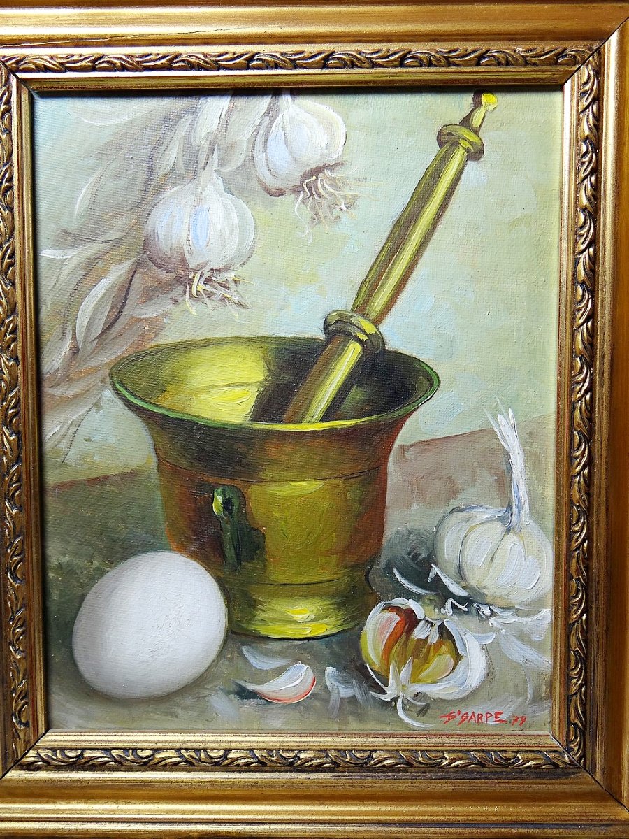 Still Life With Garlic, Egg And Mortar, Signed Sarpe, 1979, Oil On Canvas, Framed-photo-3