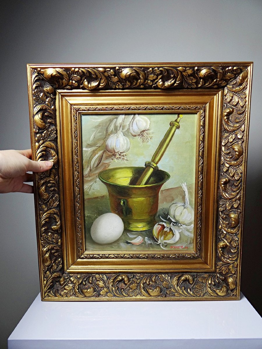 Still Life With Garlic, Egg And Mortar, Signed Sarpe, 1979, Oil On Canvas, Framed-photo-4