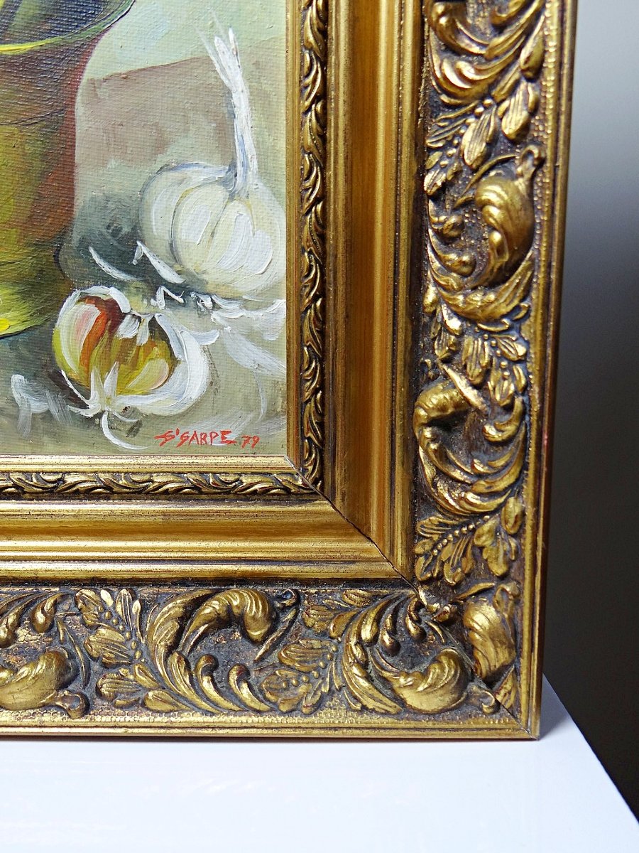 Still Life With Garlic, Egg And Mortar, Signed Sarpe, 1979, Oil On Canvas, Framed-photo-4