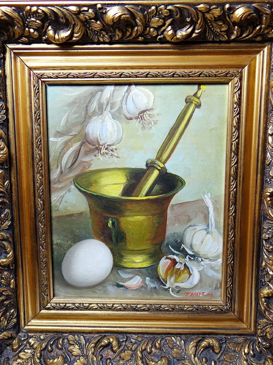 Still Life With Garlic, Egg And Mortar, Signed Sarpe, 1979, Oil On Canvas, Framed-photo-6