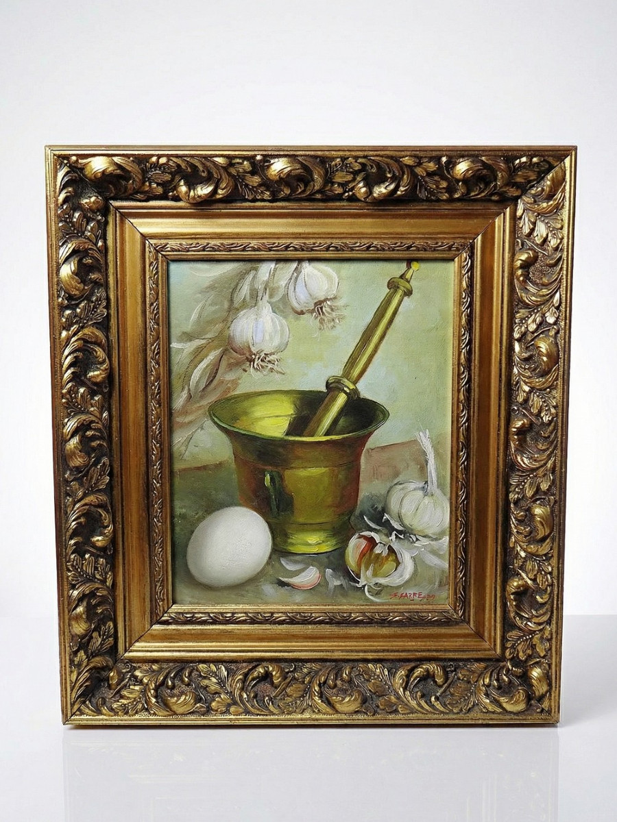 Still Life With Garlic, Egg And Mortar, Signed Sarpe, 1979, Oil On Canvas, Framed