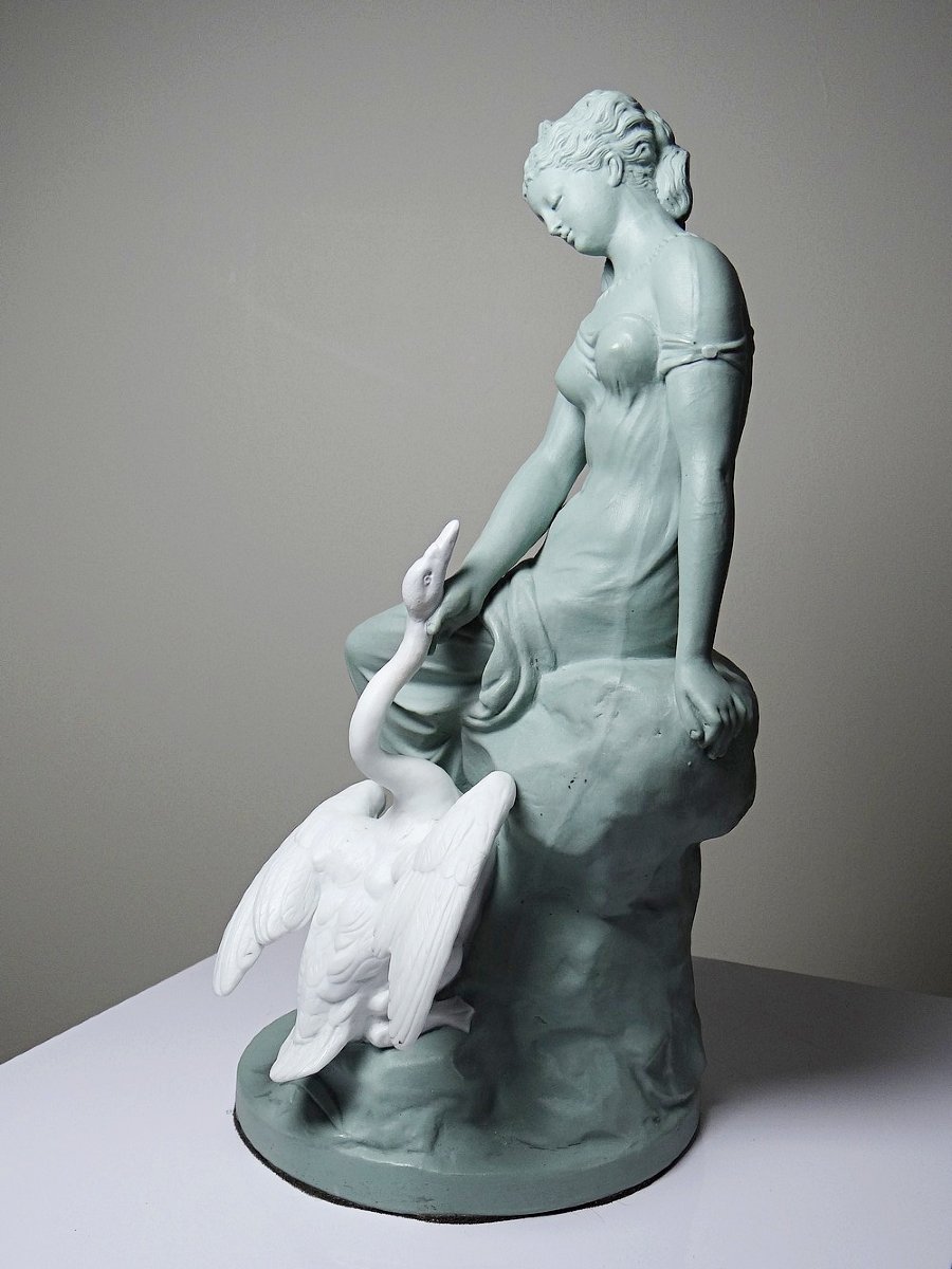 Sujet biscuit bicolore Letu & Mauger, Léda et le Cygne, XIXe, céladon & blanc-photo-2