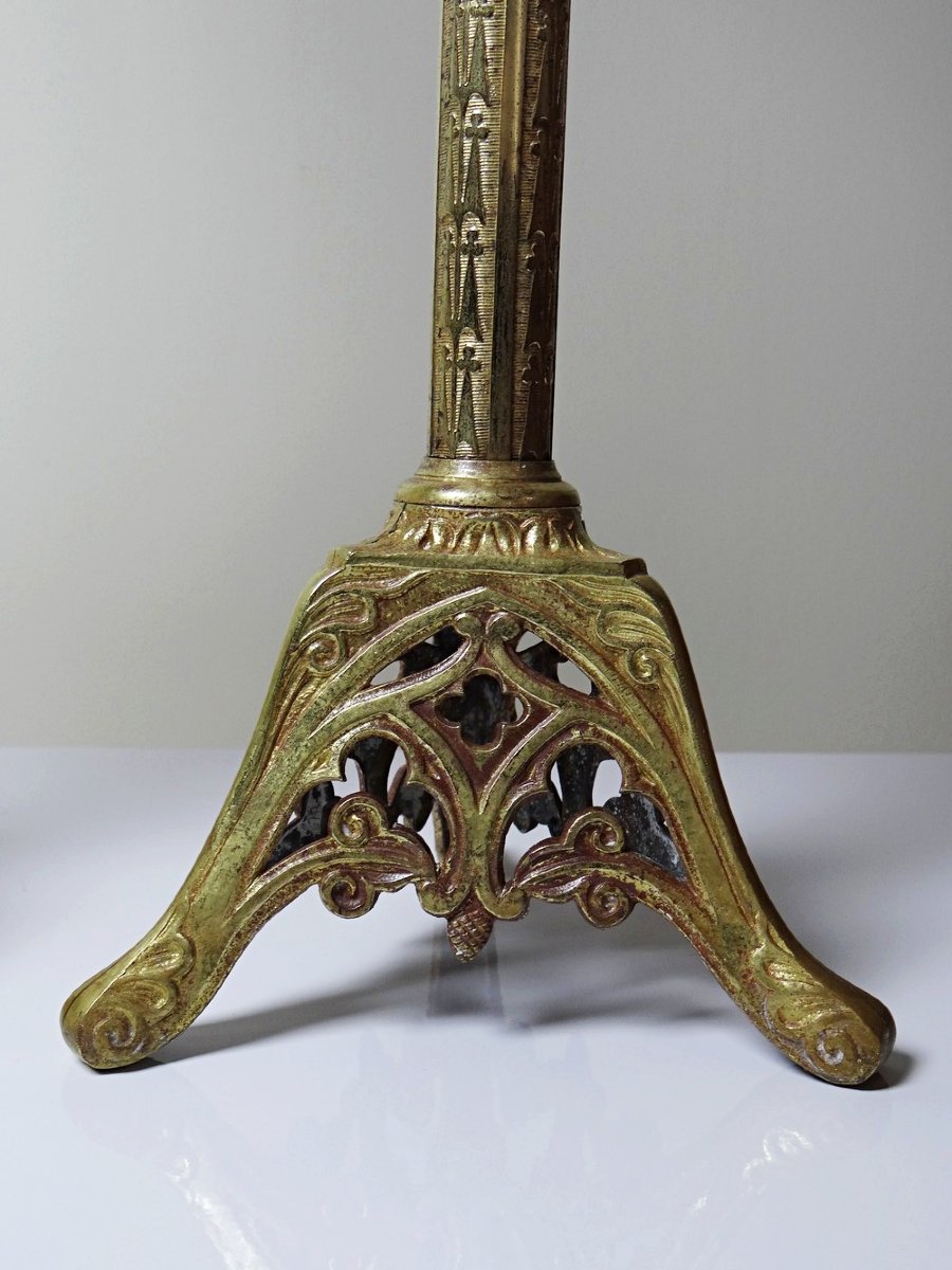 Pair Of Antique Gilt Bronze Candlesticks, 19th-century Gothic Style-photo-3