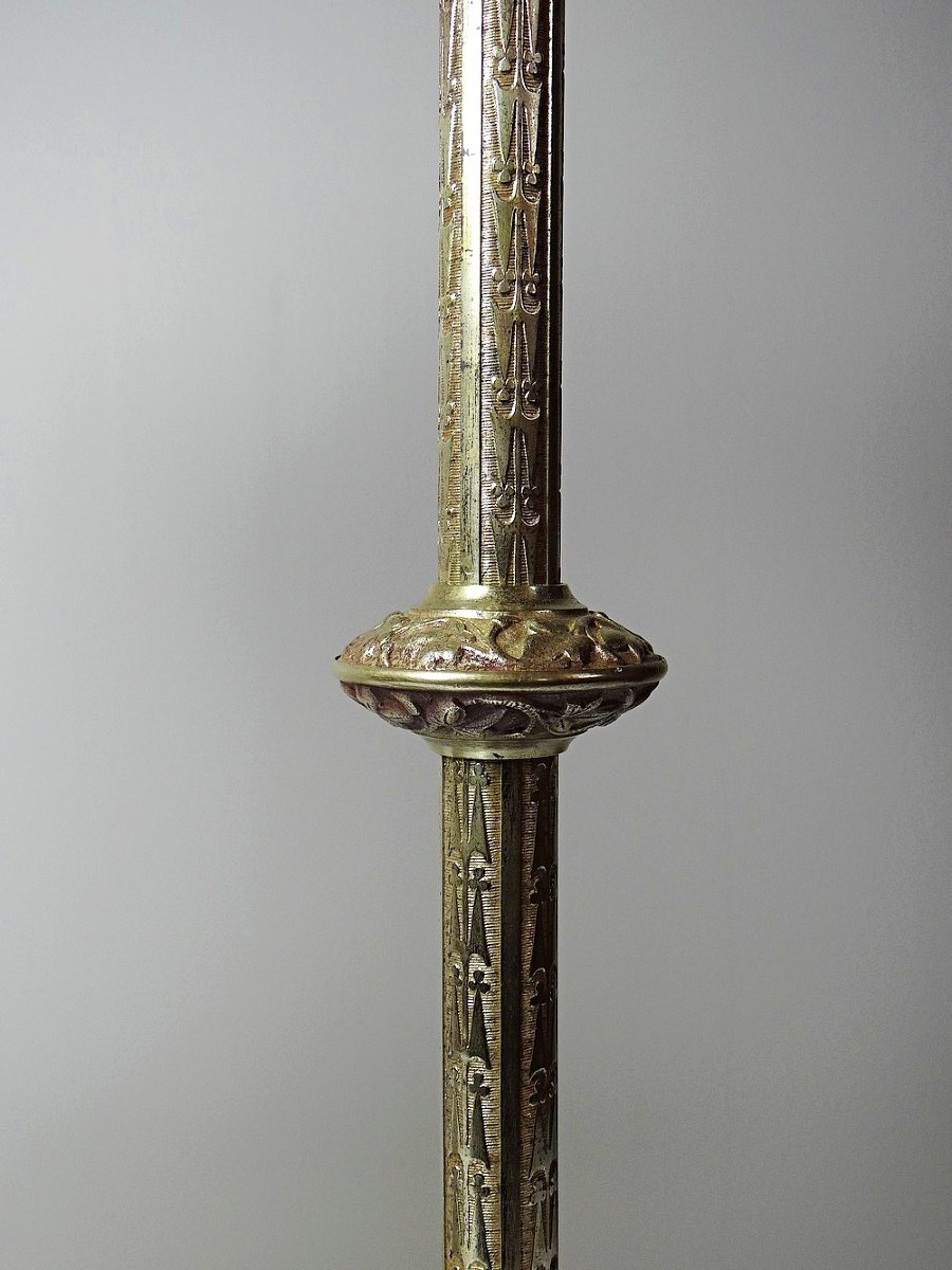 Pair Of Antique Gilt Bronze Candlesticks, 19th-century Gothic Style-photo-4