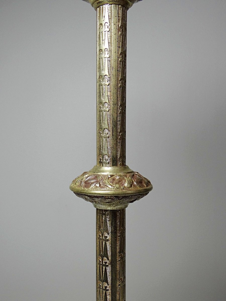 Pair Of Antique Gilt Bronze Candlesticks, 19th-century Gothic Style-photo-5