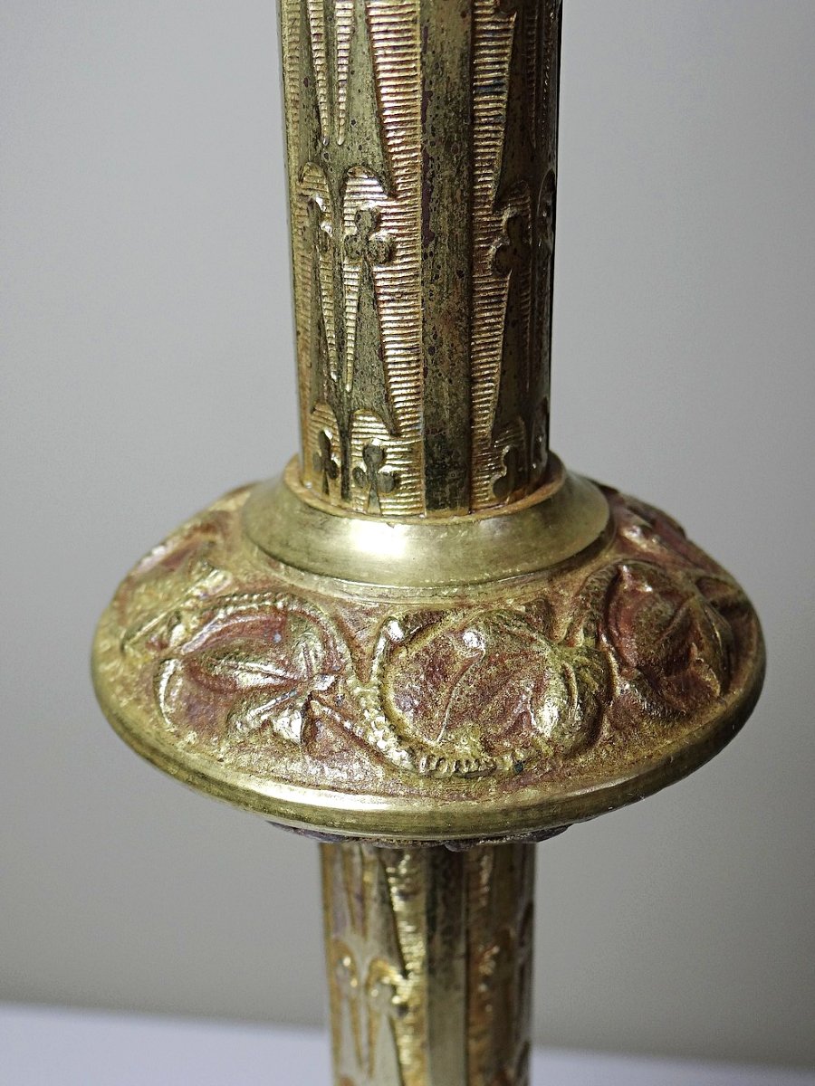 Pair Of Antique Gilt Bronze Candlesticks, 19th-century Gothic Style-photo-6
