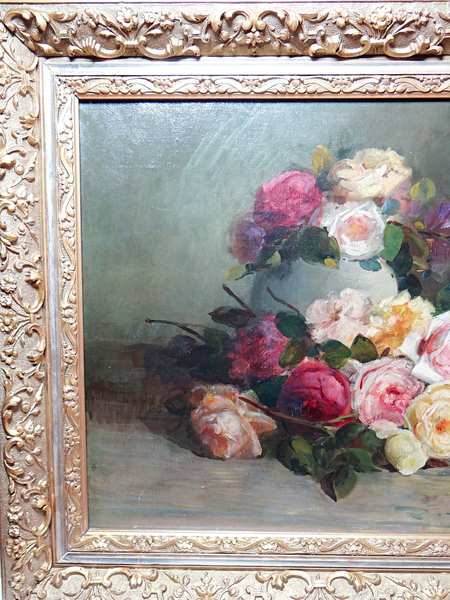 Antique Framed Oil Painting On Canvas, Bouquet Of Roses, Signed, Circa 1890-1910-photo-2