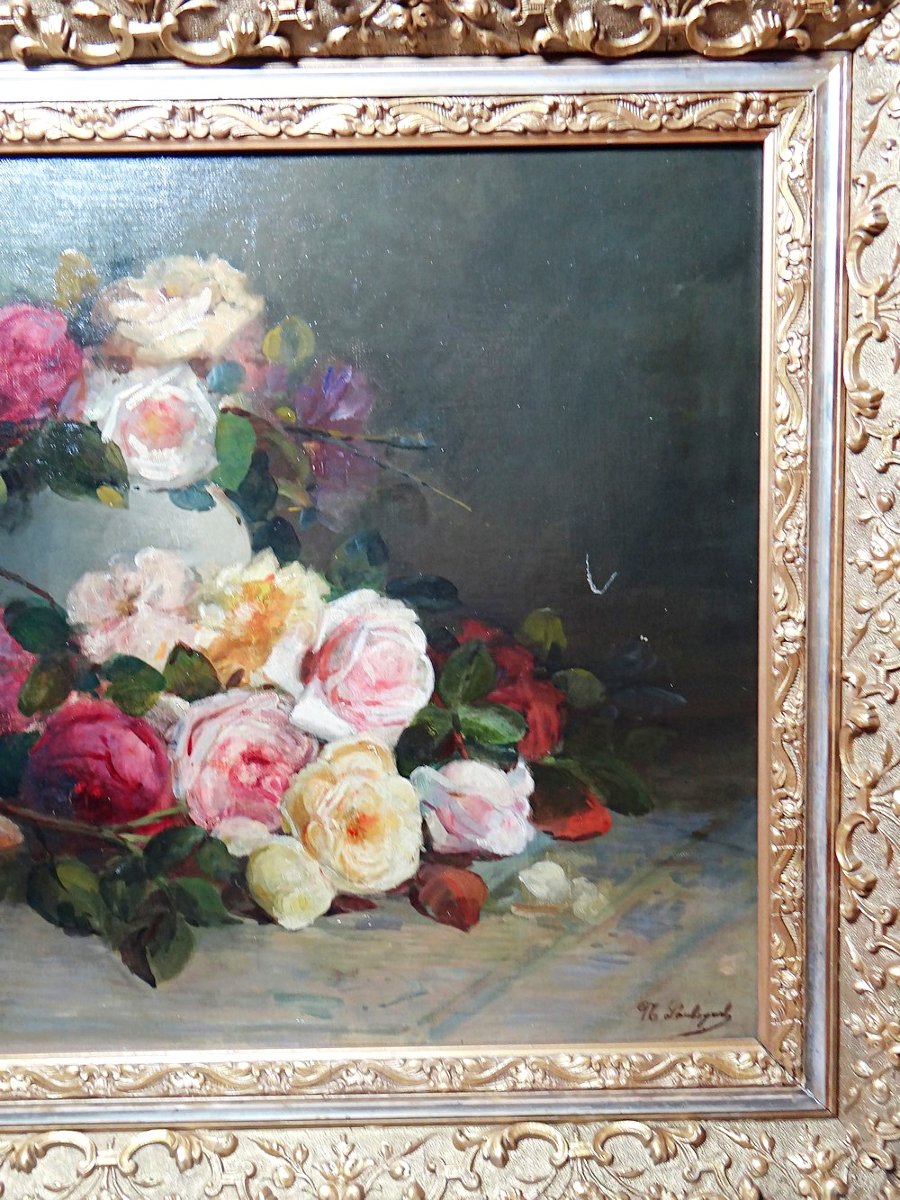 Antique Framed Oil Painting On Canvas, Bouquet Of Roses, Signed, Circa 1890-1910-photo-3