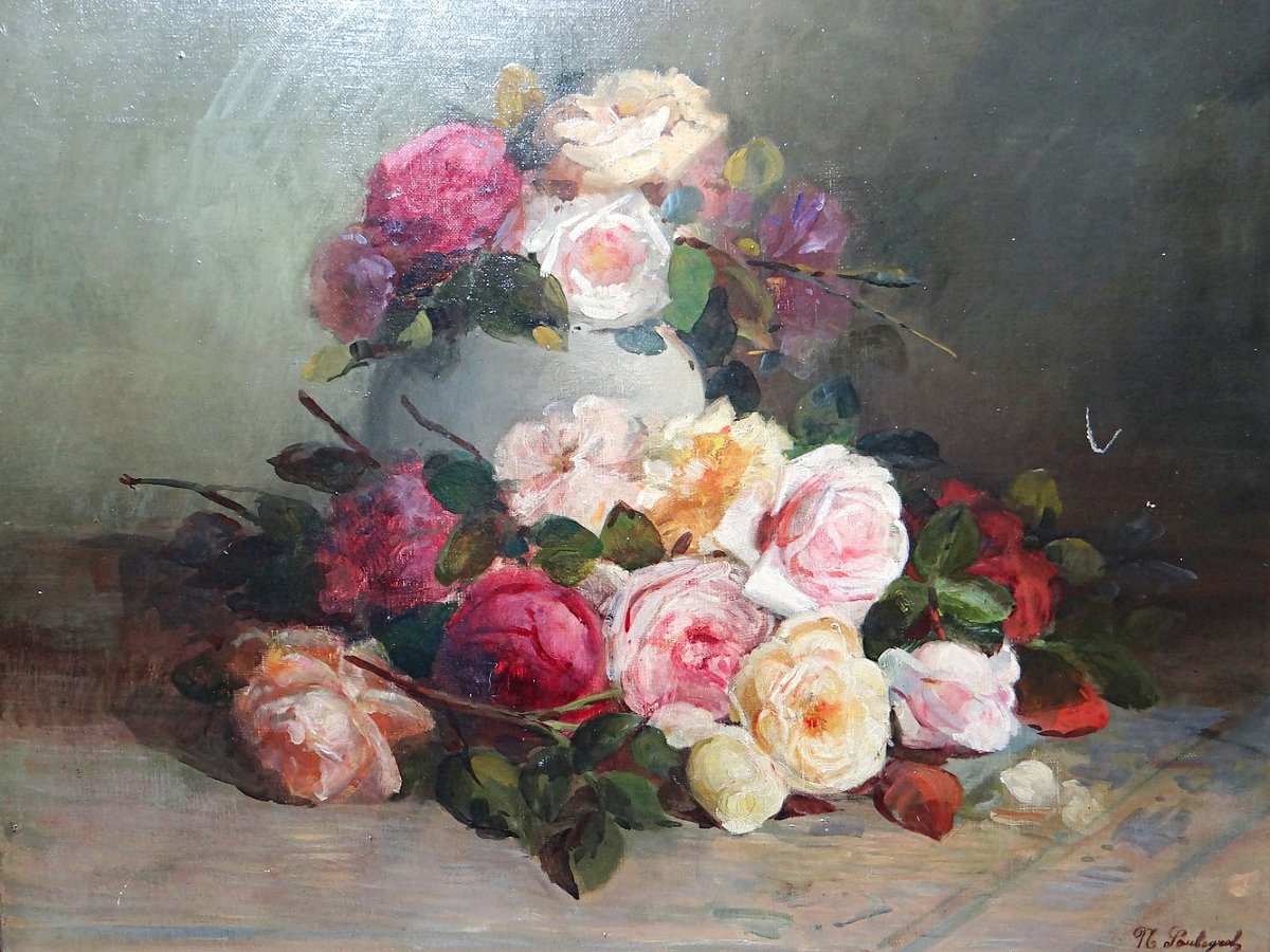 Antique Framed Oil Painting On Canvas, Bouquet Of Roses, Signed, Circa 1890-1910-photo-4