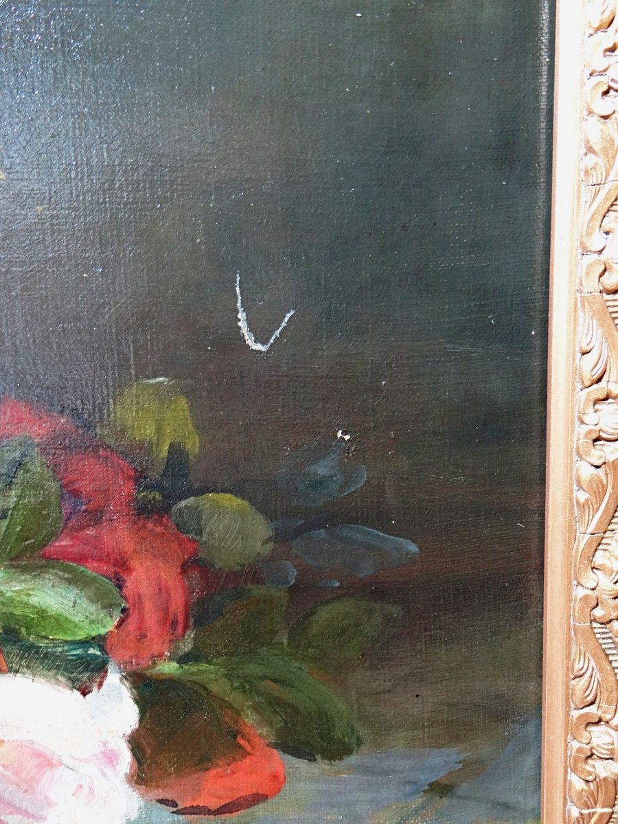 Antique Framed Oil Painting On Canvas, Bouquet Of Roses, Signed, Circa 1890-1910-photo-3