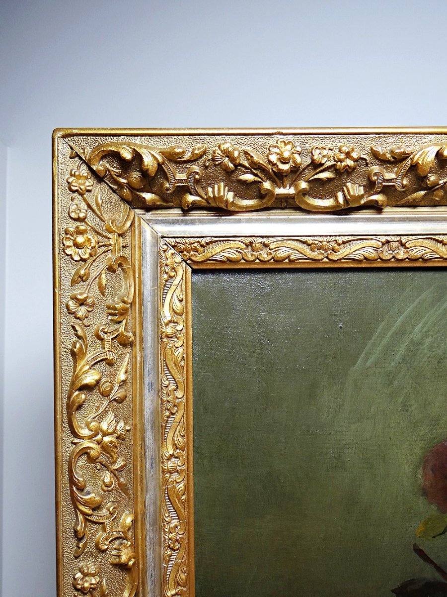 Antique Framed Oil Painting On Canvas, Bouquet Of Roses, Signed, Circa 1890-1910-photo-4