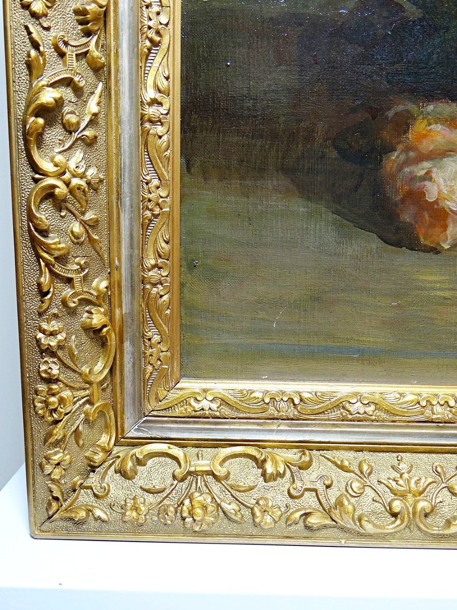 Antique Framed Oil Painting On Canvas, Bouquet Of Roses, Signed, Circa 1890-1910-photo-5