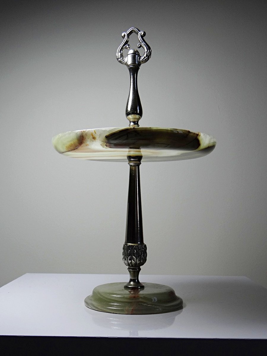 Présentoir en onyx vert et métal argenté, Italie, vintage années 1935-1955-photo-1