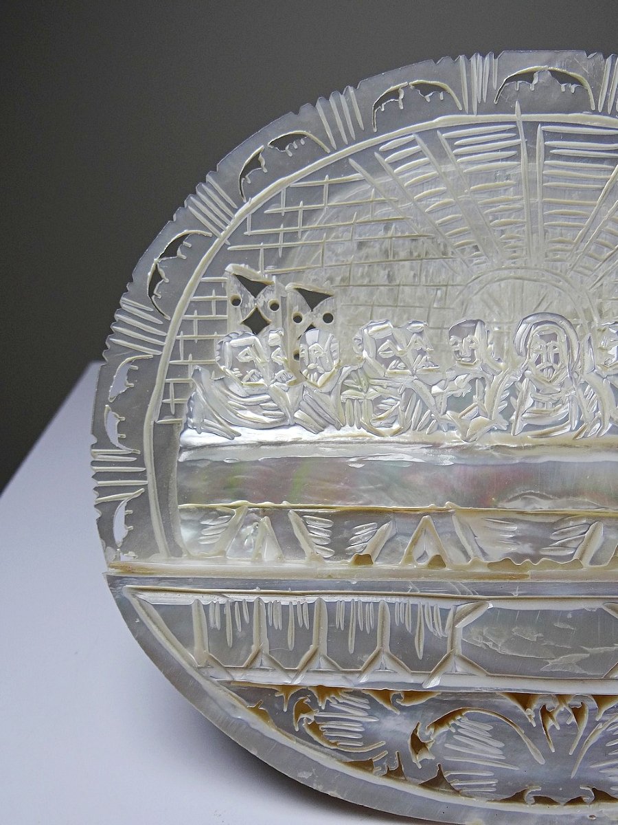Carved Mother-of-pearl Votive Plaque, "the Last Supper", Bethlehem Craftsmanship, 20th Century-photo-2