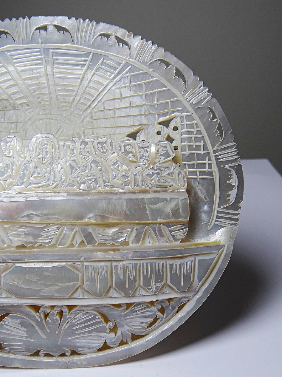Carved Mother-of-pearl Votive Plaque, "the Last Supper", Bethlehem Craftsmanship, 20th Century-photo-3
