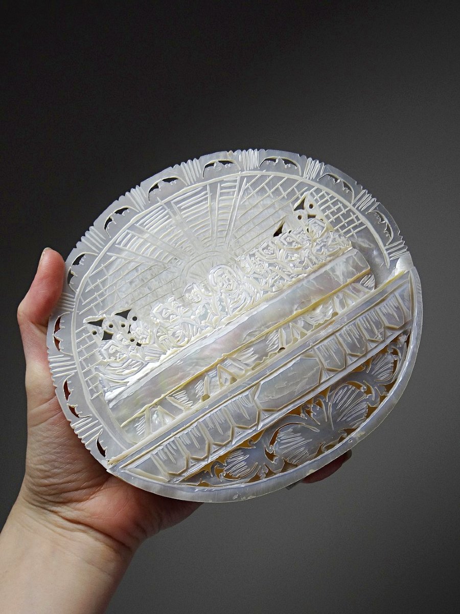 Carved Mother-of-pearl Votive Plaque, "the Last Supper", Bethlehem Craftsmanship, 20th Century-photo-4