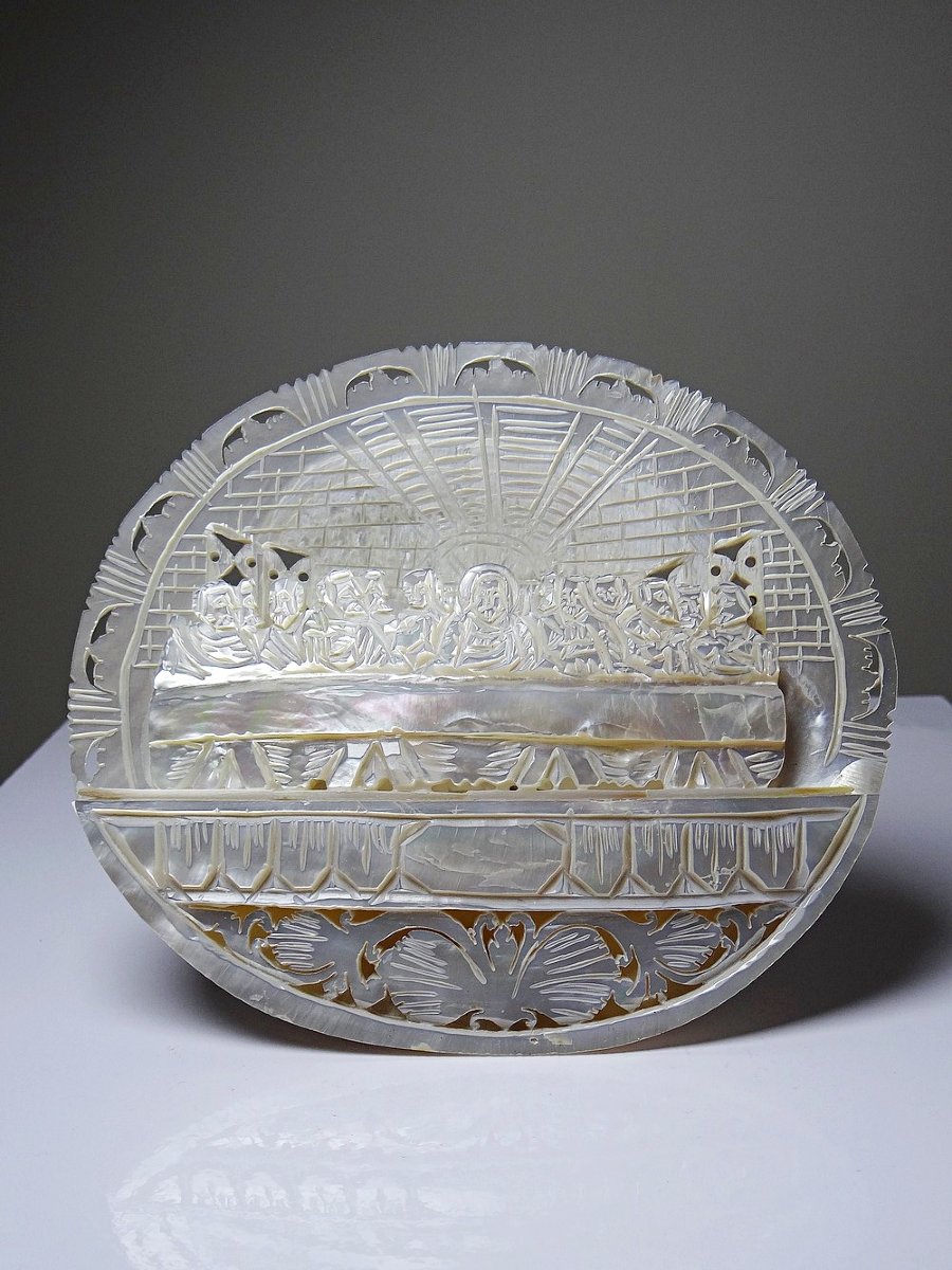 Carved Mother-of-pearl Votive Plaque, "the Last Supper", Bethlehem Craftsmanship, 20th Century-photo-1