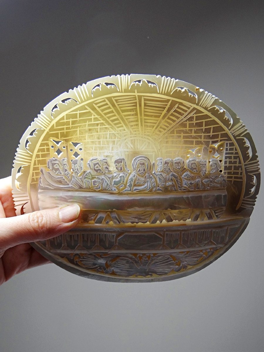 Carved Mother-of-pearl Votive Plaque, "the Last Supper", Bethlehem Craftsmanship, 20th Century-photo-3