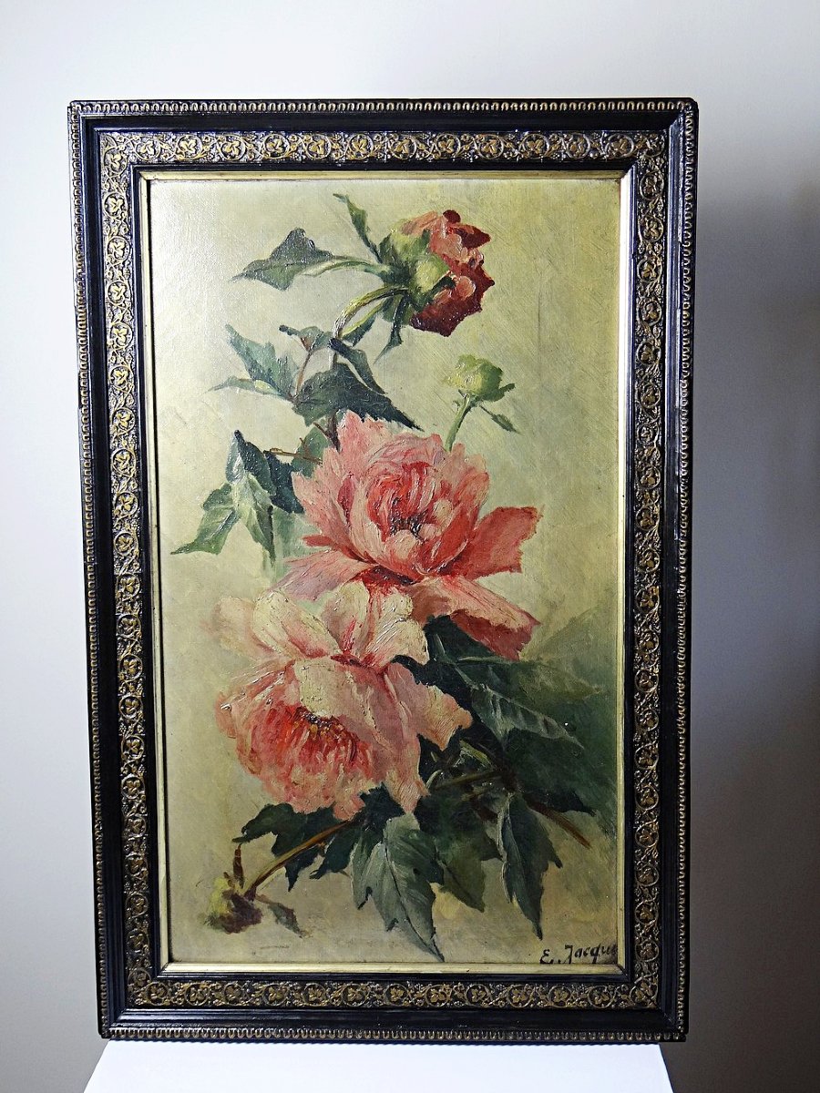 Large Antique Painting Of Peonies, Signed E. Jacque, Late 19th/early 20th Century-photo-2