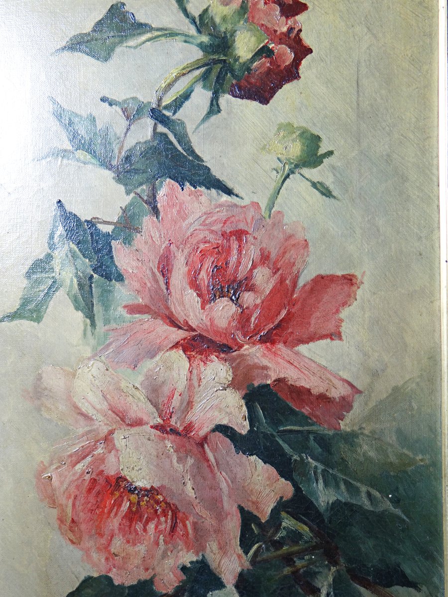Large Antique Painting Of Peonies, Signed E. Jacque, Late 19th/early 20th Century-photo-3