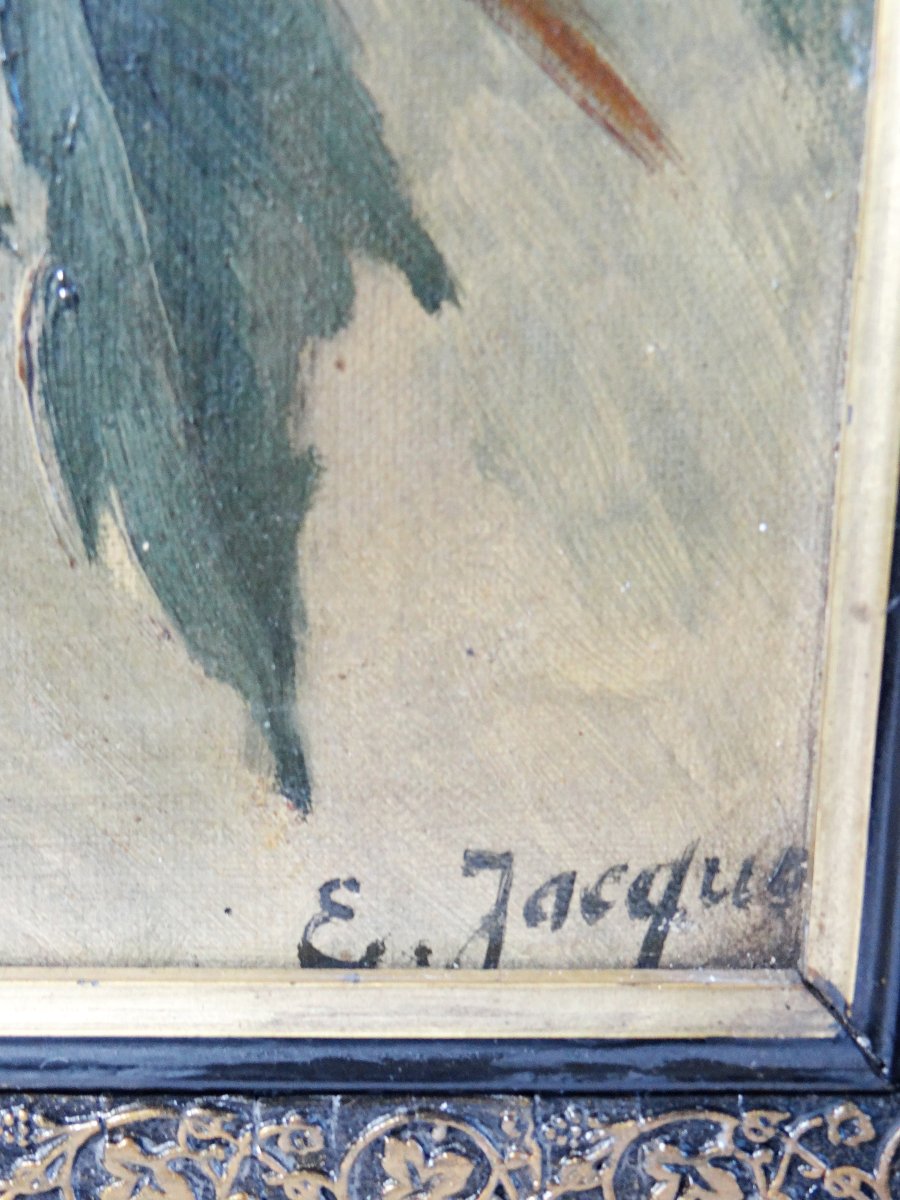 Large Antique Painting Of Peonies, Signed E. Jacque, Late 19th/early 20th Century-photo-4