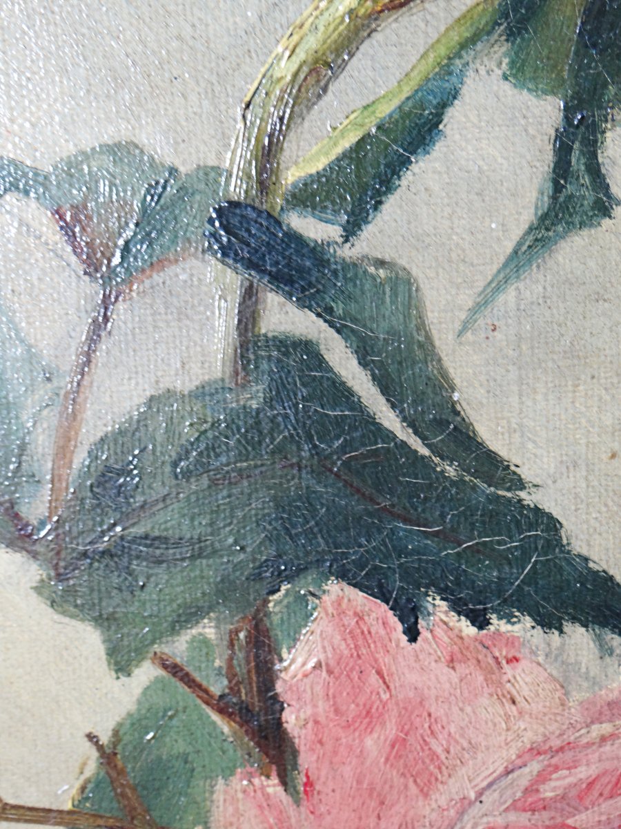 Large Antique Painting Of Peonies, Signed E. Jacque, Late 19th/early 20th Century-photo-4
