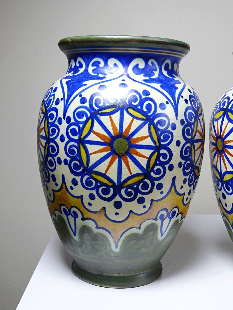 Duo de grands vases décoratifs Carla Holland, décor Gouda, vers 1930-40-photo-2