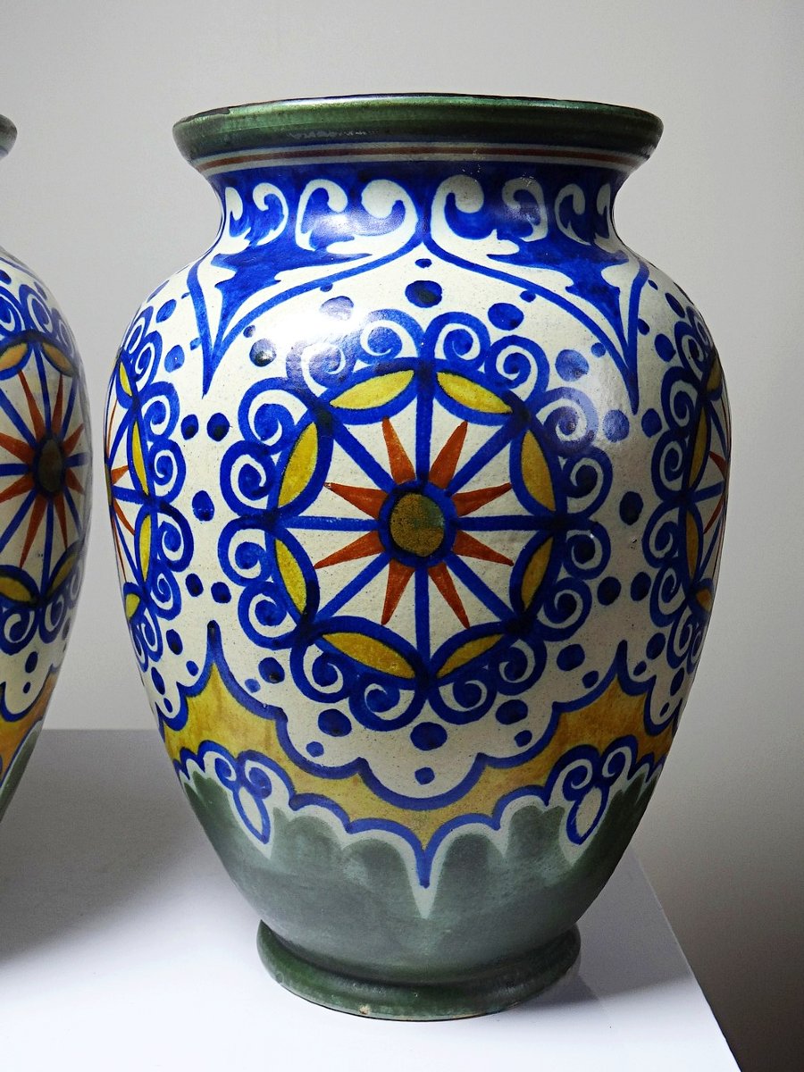 Duo de grands vases décoratifs Carla Holland, décor Gouda, vers 1930-40-photo-3