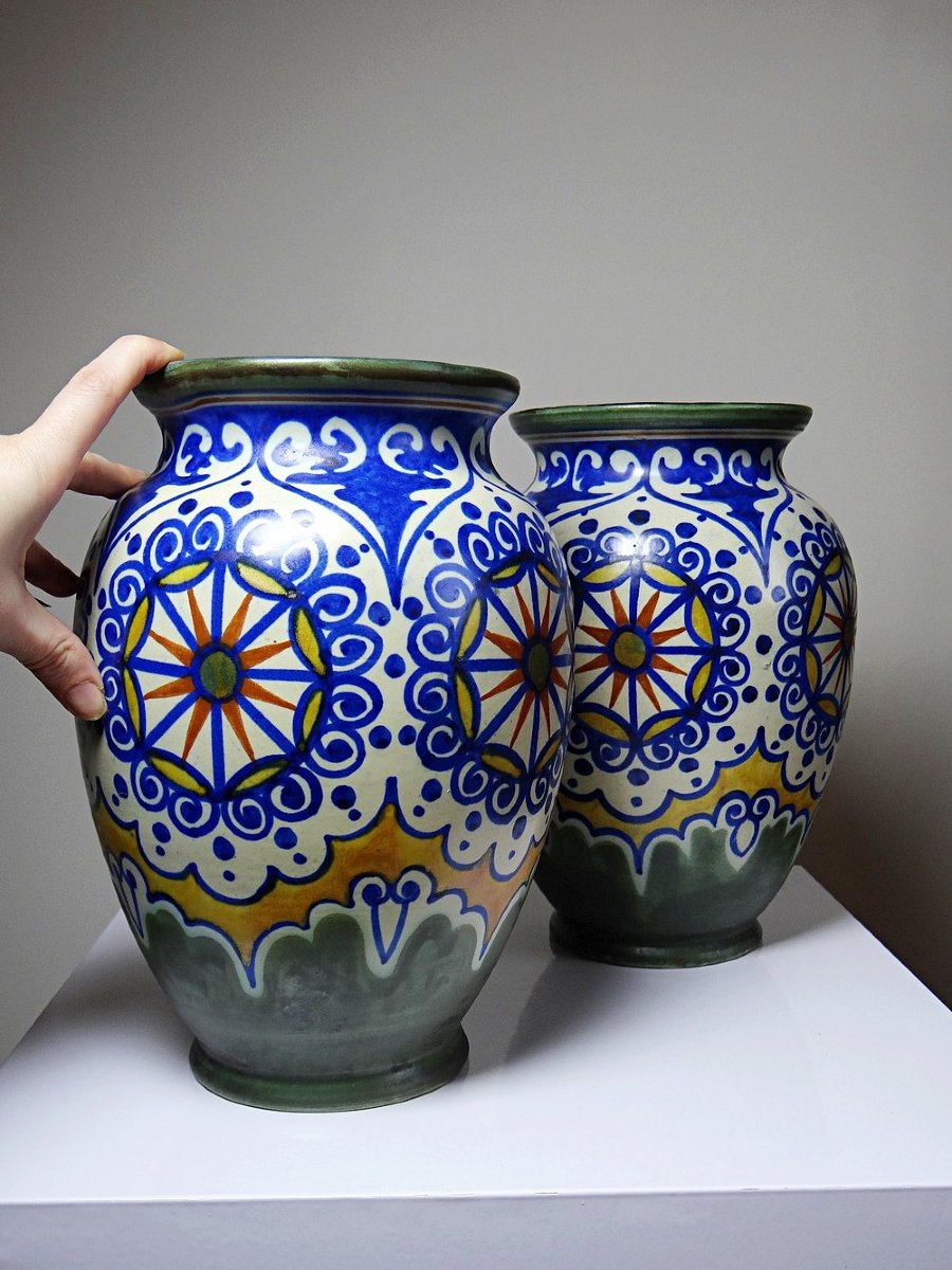 Duo de grands vases décoratifs Carla Holland, décor Gouda, vers 1930-40-photo-4